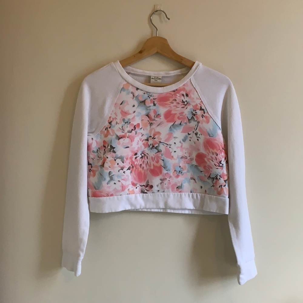Abercrombie Kids White Floral Crop Top along Sleeve Crew Neck Sweater